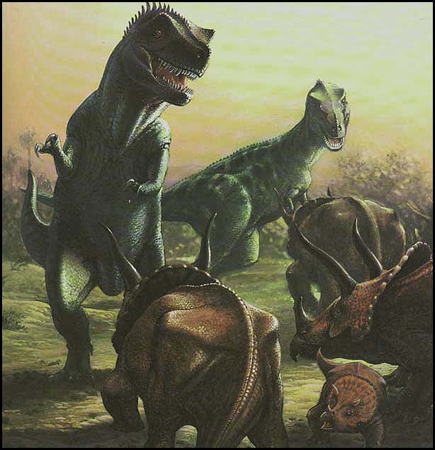 Тиранозавры, нападающие на стадо трицератопсов