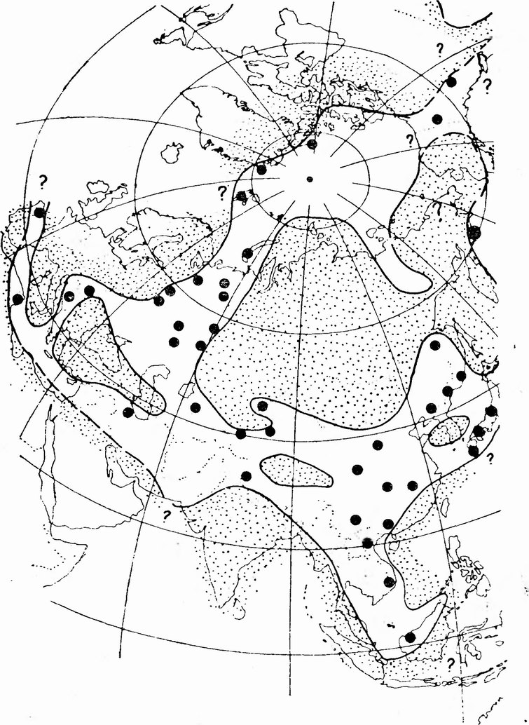 Фиг. 164. Палеогеографическая схема для среднего карбона, показывающая основные пути миграции и наиболее полно изученные местонахождения (отмечены точками) фузулинид [168]